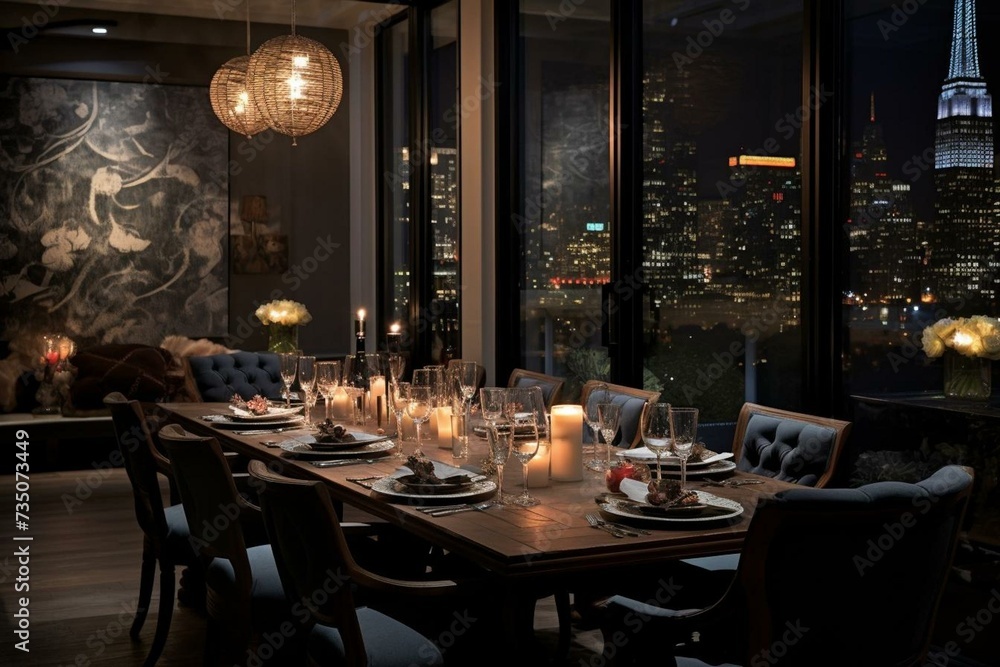 nighttime dining room with New York City ambiance. Generative AI