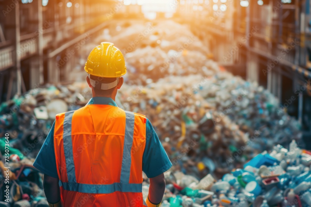 Back view of a uniformed man working on plastic recycling and plastic recycling process in a factory. Back view of a uniformed man working on plastic recycling and plastic recycling process in a factory.