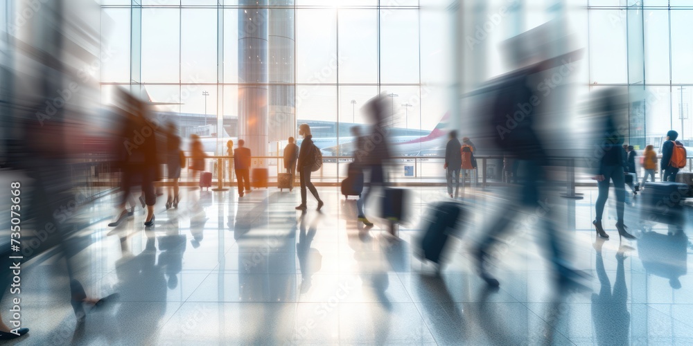 passenger In airport Terminal with people in walking in blurred motion in Airport Terminal, view from airport terminal glass window with view of airplane. passenger In airport Terminal with people in walking in blurred motion in Airport Terminal, view from airport terminal glass window with view of airplane.