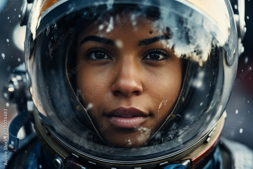 Generative AI picture of astronaut spaceman woman do space walk working space station in outer space futurism Generative AI picture of astronaut spaceman woman do space walk working space station in outer space futurism