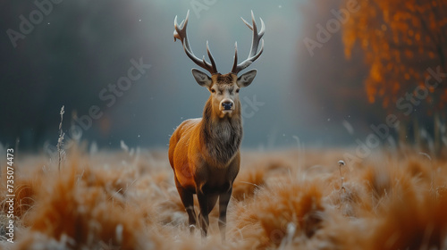 Portrait of majestic red deer stag in Autumn Fall. A young Red deer stag. Red deer portrait in autumn meadow. copy space for text. Wild animal in nature. Raindeer.