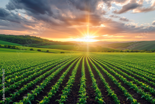 Sunset over the farm field. Agriculture and industry concept.