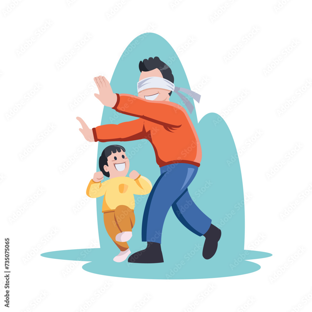 dad and son playing hide and seek , blindfold in the eyes of the dad dad and son playing hide and seek , blindfold in the eyes of the dad