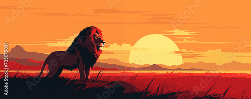 Male lion in the African savanna at sunset, panoramic view, illustration generative AI photo