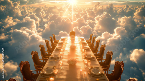 Long table with many dishes and many chairs prepared for a party in heaven Biblical Promise Generative AI Illustration