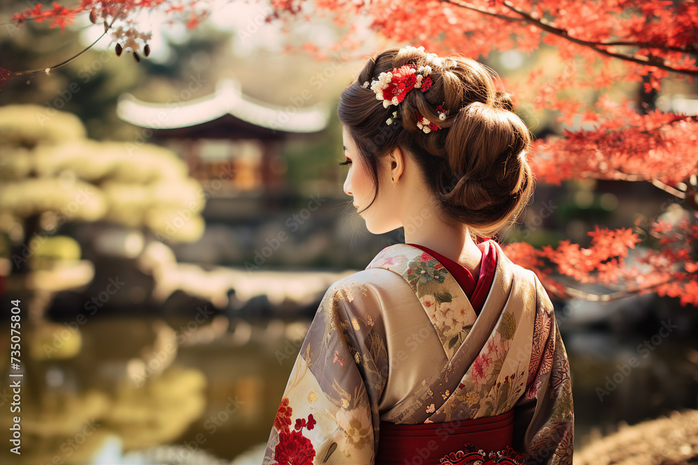 Generative AI picture of stunning chinese lady wear kimono walking on beautiful landscape Generative AI picture of stunning chinese lady wear kimono walking on beautiful landscape