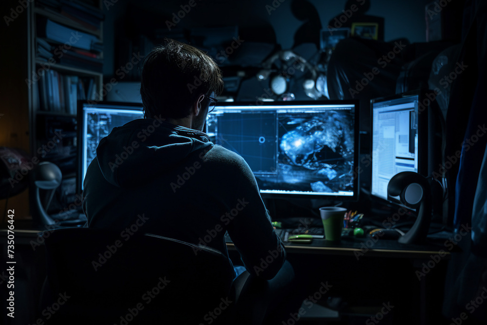 Experienced hacker in action breaking software protection server code Generative Ai image pic