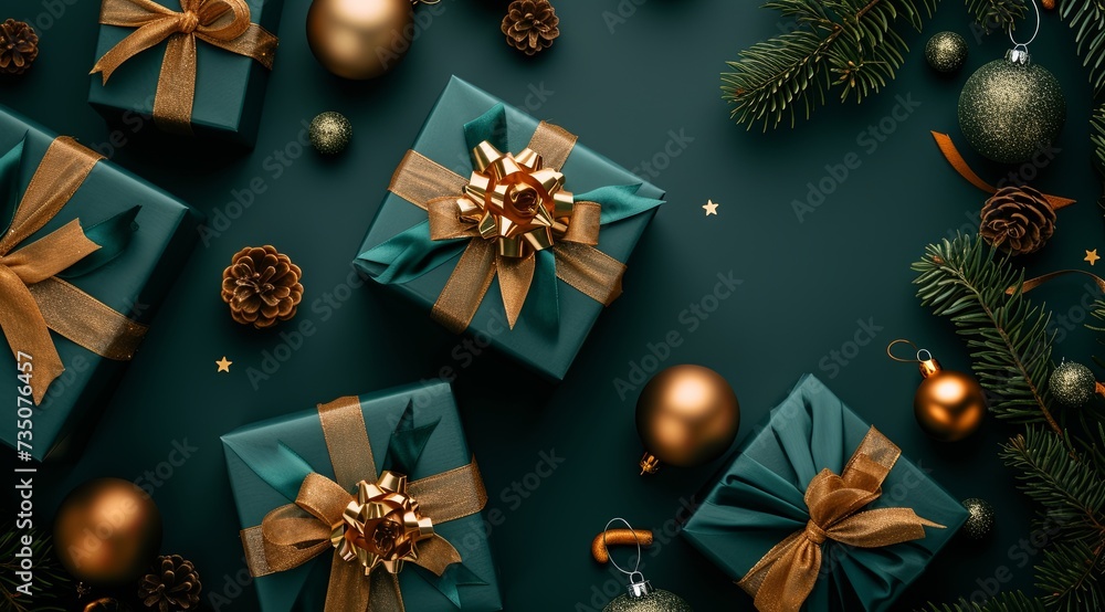 Christmas gifts and bows with Christmas decorations on black background, in the style of dark teal and dark gold, vivid color blocks, minimalist backgrounds, aerial view, shaped canvas, green.