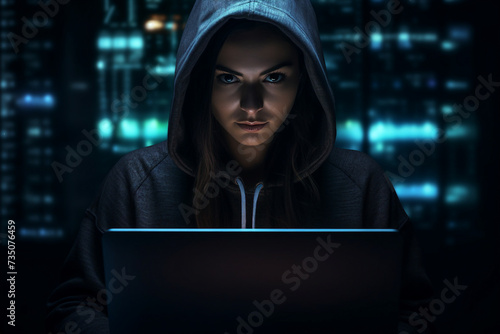 Experienced hacker in action breaking software protection server code Generative Ai image pic