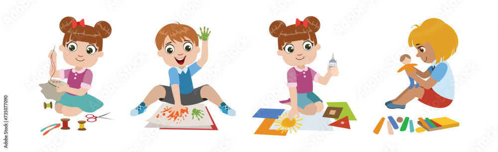 Happy Kids Enjoy Craft and Handmade Activity Vector Set Happy Kids Enjoy Craft and Handmade Activity Vector Set