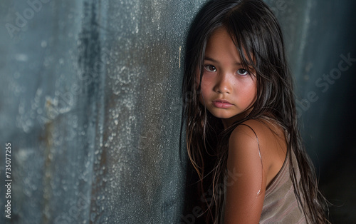 A multiracial young girl leans against a wall, captured in a candid moment.