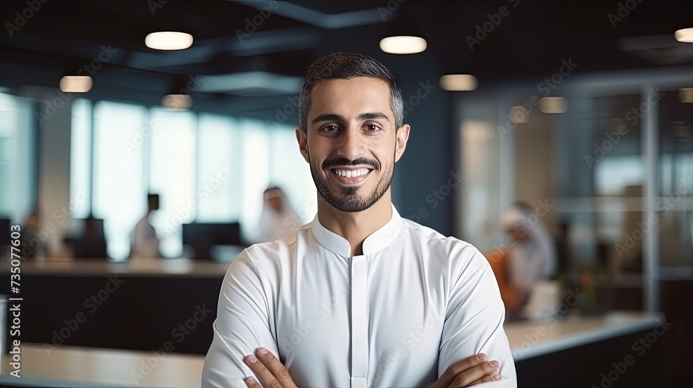 Fototapeta premium Young arab man smiling confident standing with arms crossed gesture at office