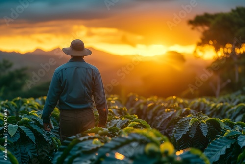 Golden hour ambiance  man in hat wanders through coffee plantation at sunrise  a serene rural moment.