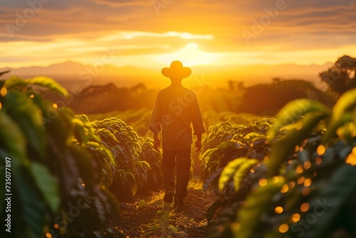 Majestic sunrise: man with hat strolls through a lush coffee field, capturing the tranquility of dawn.