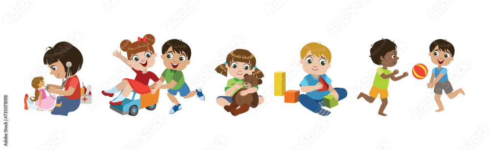 Kid Character Play Toy and Game Have Fun Vector Set Kid Character Play Toy and Game Have Fun Vector Set