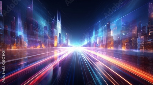 Rendering of warp speed in hyper loop with blur light from buildings' lights in mega city at night. Concept of next generation technology,