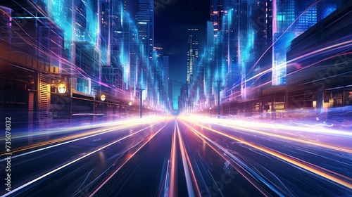 Rendering of warp speed in hyper loop with blur light from buildings' lights in mega city at night. Concept of next generation technology, © chanidapa