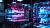 Multiple holographic displays show different angles and crosssections of a patients dental structure as a dentist yzes and plans for