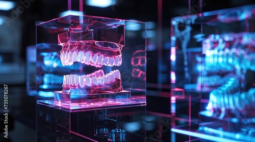 Multiple holographic displays show different angles and crosssections of a patients dental structure as a dentist yzes and plans for photo