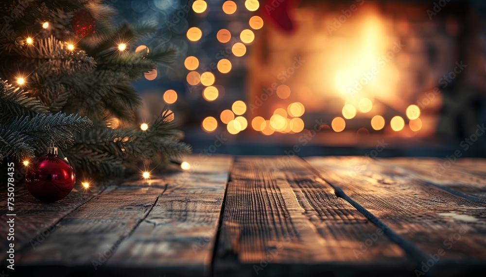 Christmas table top of wooden table in front of fireplace, in the style of flat, spectacular backdrops, vibrant stage backdrops, highly textured, texture-rich, soft atmospheric perspective.