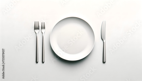 Minimalist dining table setting, clean white plate with silverware, Minimalism Concept Art, Generative AI
