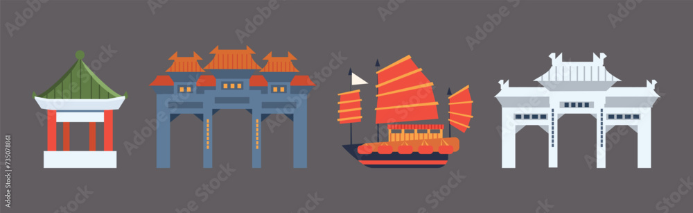 Different Traditional Chinese Transport and Building Vector Set