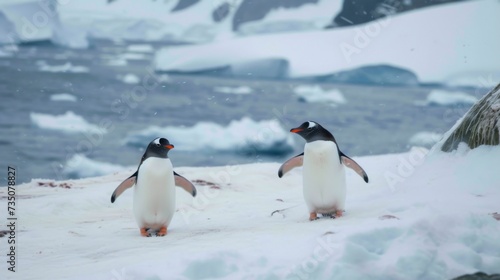 Adorable Penguin Duo Waddling in Snow AI Generated.