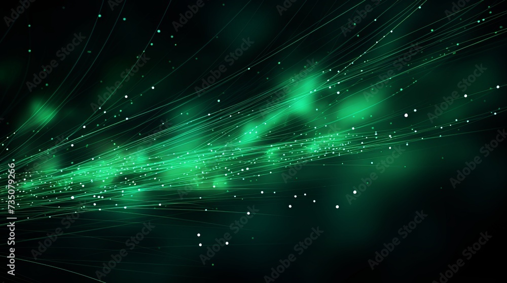 Abstract green fibre optic light strands against a black background
