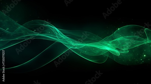 Abstract green fibre optic light strands against a black background