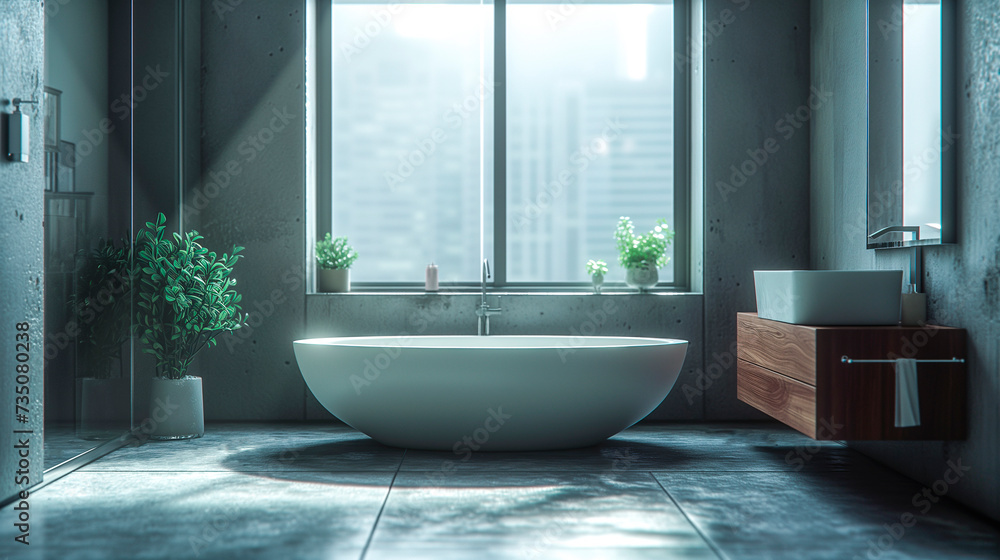 Stylish gray bathroom interior with concrete floor, window with city view, dark wall, big bathtub.