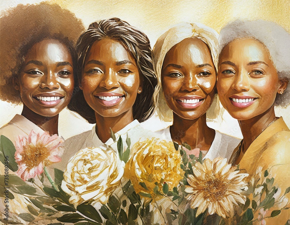 Portret czterech kobiet w różnym wieku i o różnym kolorze skóry i pochodzeniu etnicznym trzymających w dłoniach kwiaty. Dzień kobiet - obrazy, fototapety, plakaty 