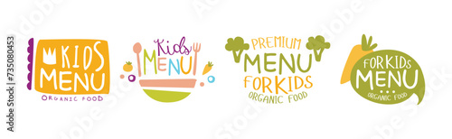 Kids Organic Menu and Food Label Vector Set