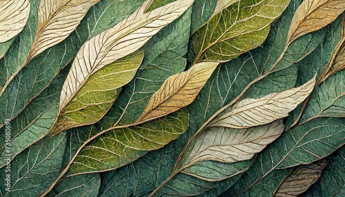 Podłużne liście w różnych odcieniach zieleni nakładające się na siebie. Tapeta, tło