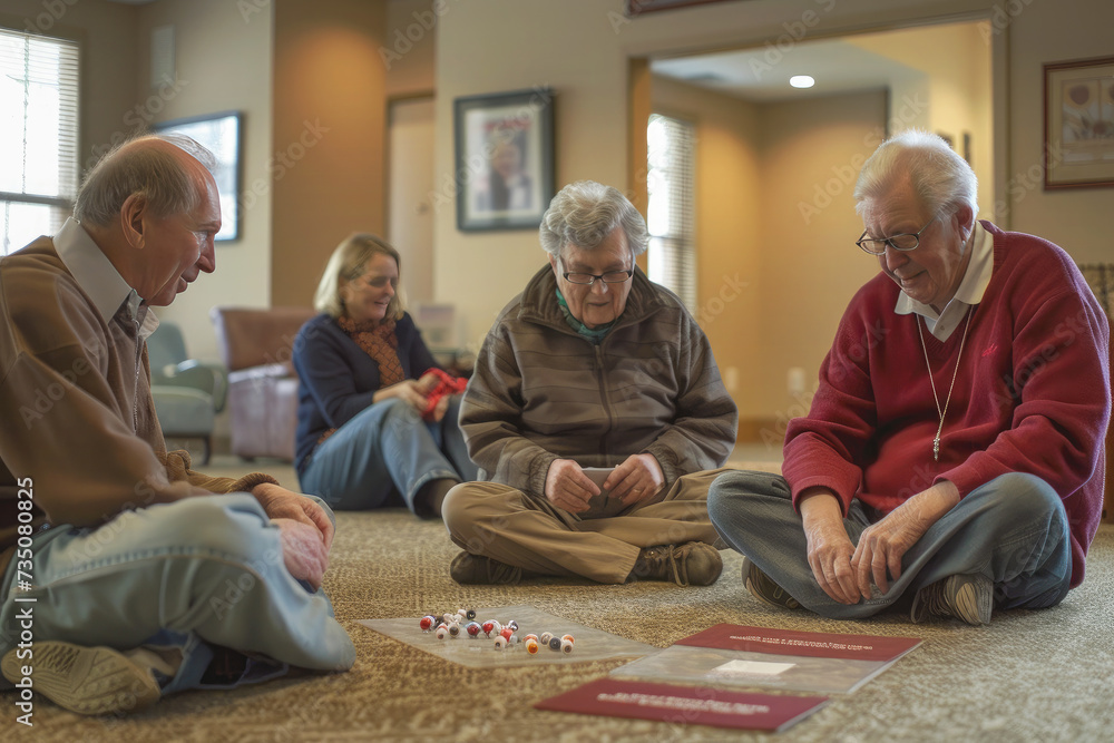 Elderly people sit happily doing activities together at home. Elderly people sit happily doing activities together at home.
