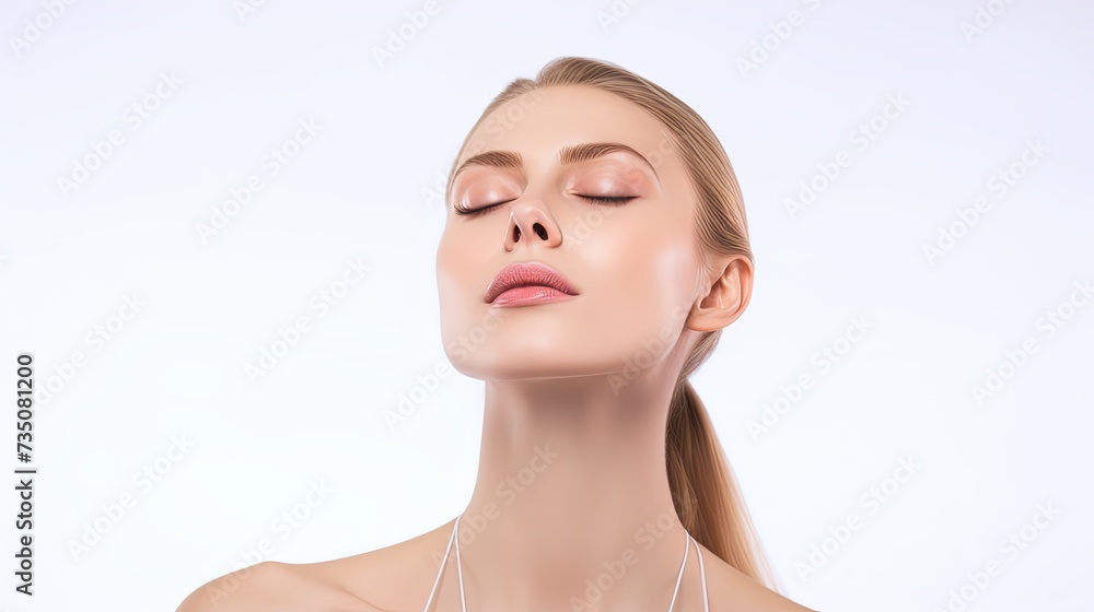 Beautiful woman cares for the skin neck- posing at studio isolated on white Beautiful woman cares for the skin neck- posing at studio isolated on white