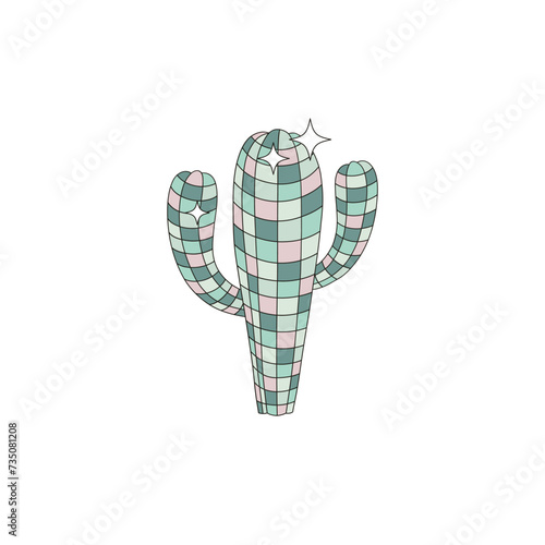 Groovy sparkling cactus mirror disco ball shape vector illustration isolated on white. Retro party 60s 70s 80s wild west cowgirl disco print poster postcard design.
