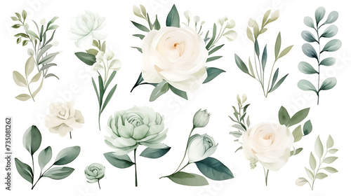 Fototapeta Naklejka Na Ścianę i Meble -  Watercolor rose illustration set. White flowers, green leaves individual elements collection. For bouquets, wreaths, wedding invitations, anniversary, valentine day and birthdays