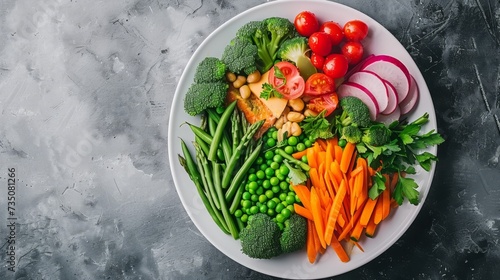 Grilled salmon steak with assorted fresh vegetables on white plate, healthy fish meal