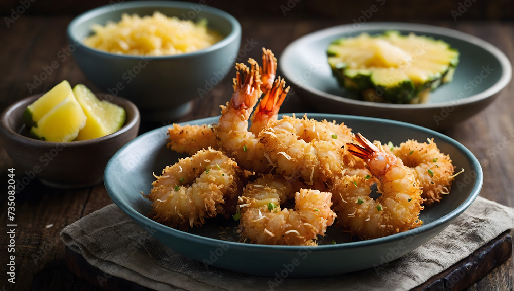 Panko-crusted coconut shrimp with a sweet and tangy pineapple dipping sauce. Panko-crusted coconut shrimp with a sweet and tangy pineapple dipping sauce.