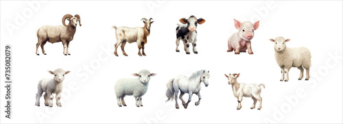 Vector Illustration Set of Various Farm Animals Ram, Goat, Cow, Pig, Sheep, Lamb, Horses in Realistic Style Isolated © Zaleman