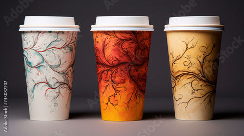 three coffee cups with designs on them