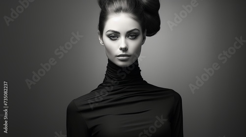 Black and white fashion art studio portrait of beautiful elegant woman in black turtleneck. Hair is collected in high beam. Elegant ballet style