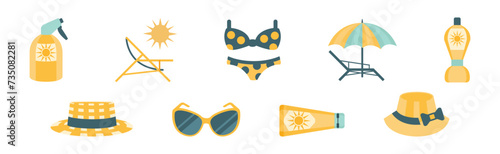 Sun Ultraviolet Protection at Summer Beach Icon Vector Set