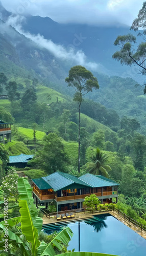 Morning misty montain landscape with villas and pools among green rainforest.