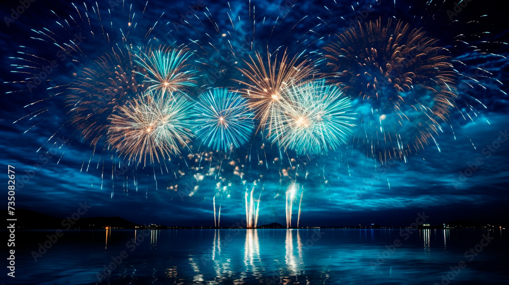 a fireworks display in the sky over a lake