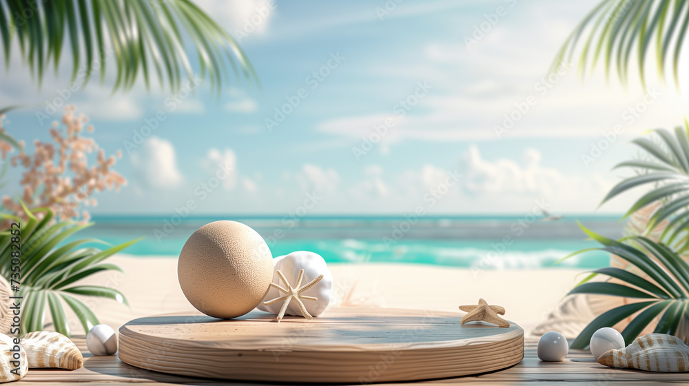 Obraz premium Summer product display on wooden podium at sea tropical beach.