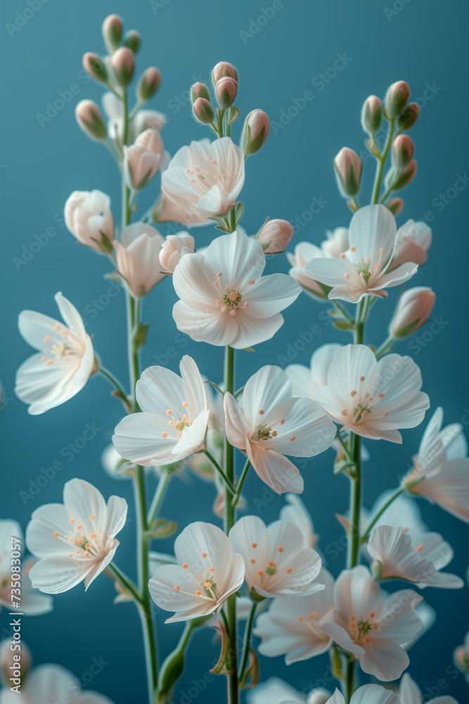 Delicate Pink and White Flowers on Pastel Blue Backdrop, vertical orientation Delicate Pink and White Flowers on Pastel Blue Backdrop, vertical orientation