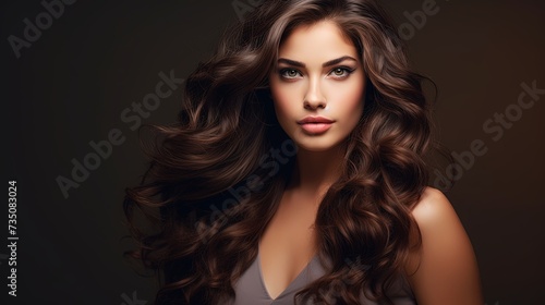 Brunette girl with long and shiny wavy hair . Beautiful model with curly hairstyle