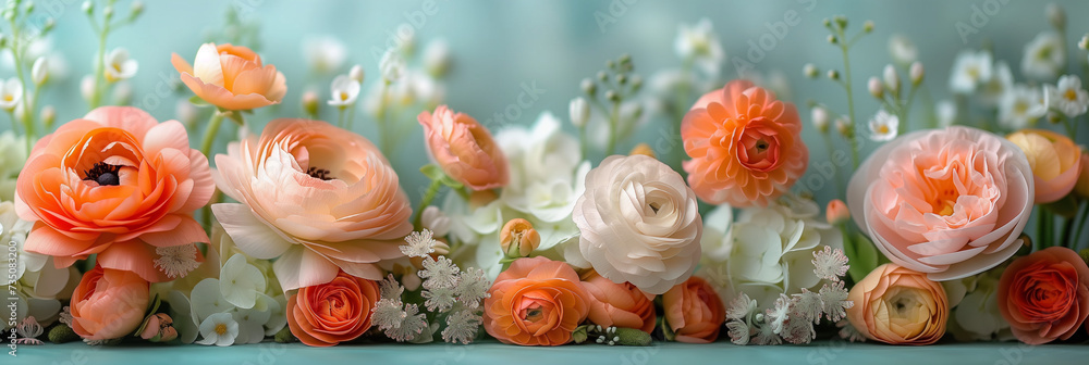 Peach and White Spring Blossoms on a Pastel Blue Background