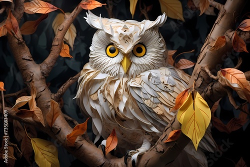 A lifelike paper owl perched on a branch, its wings outstretched, capturing the essence of the majestic creature in detailed paper folds. photo